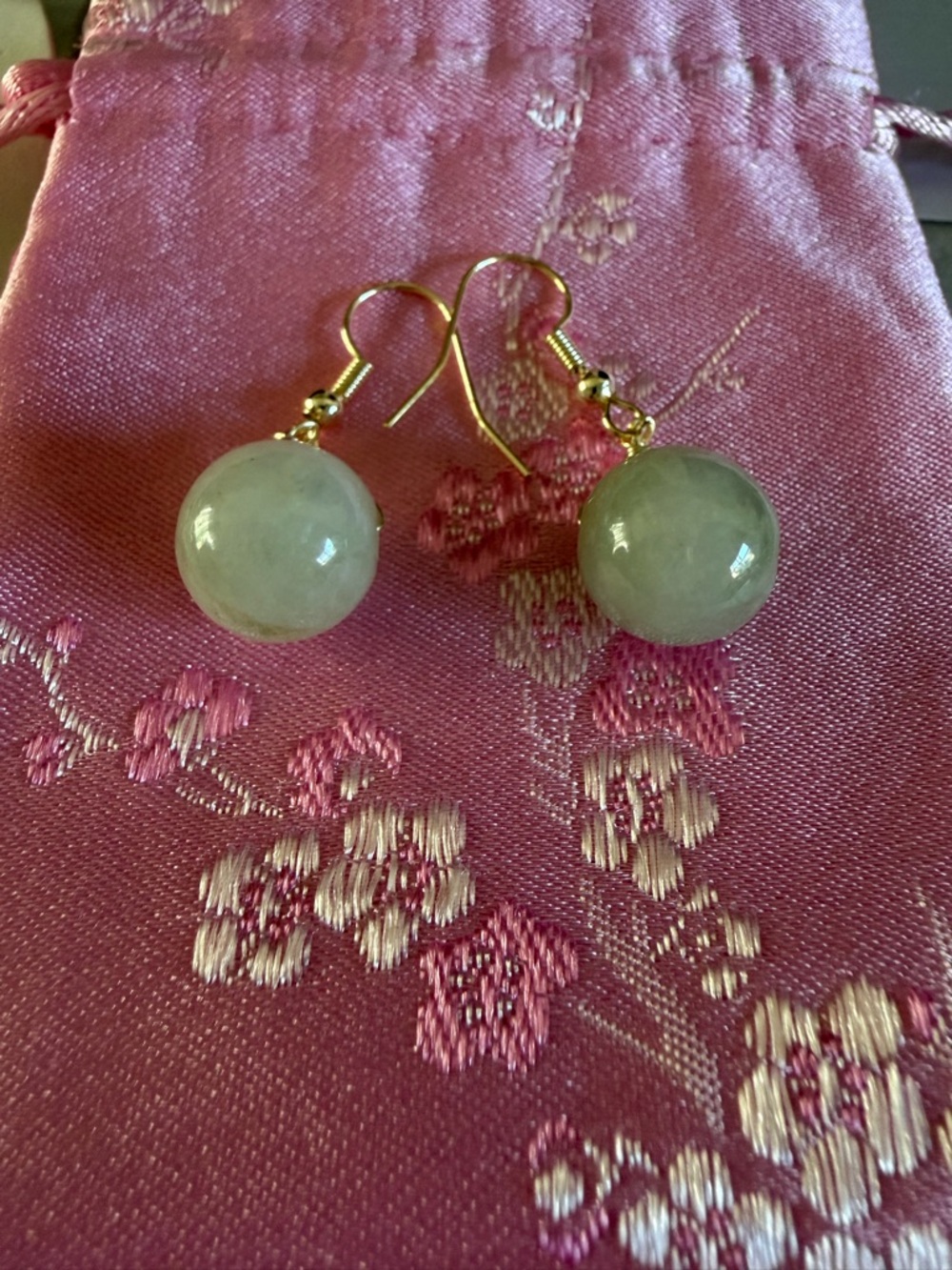 14K Gold Icy Light Jade Earrings - Picture 5 of 8